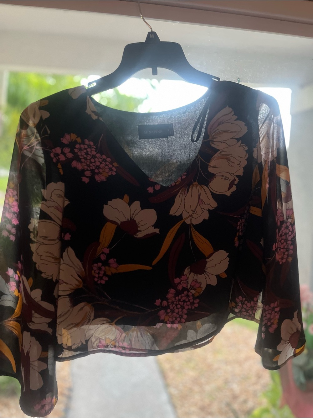 Mink pink  Black Floral V-Neck Sheer Blouse